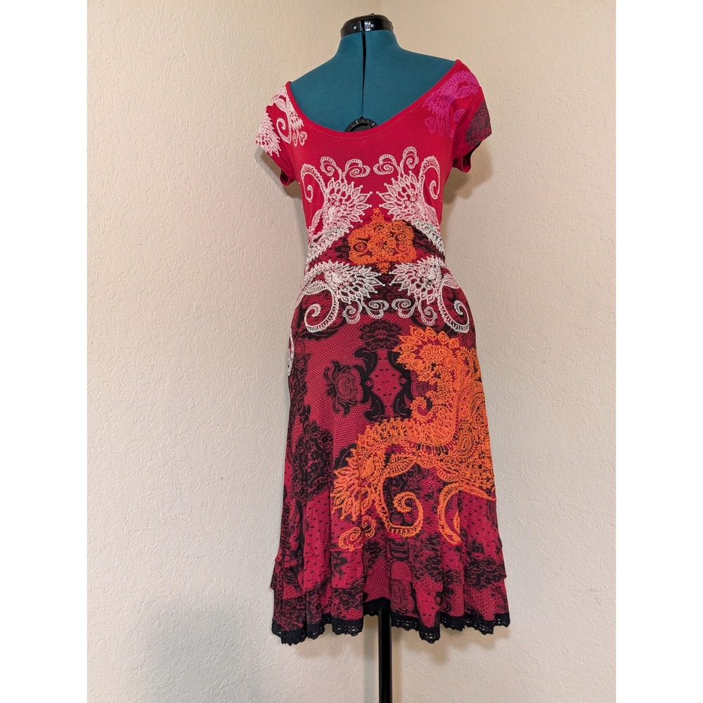 Desigual Red Paisley Damask Graphic Lace Trim Midi Dress Size L
